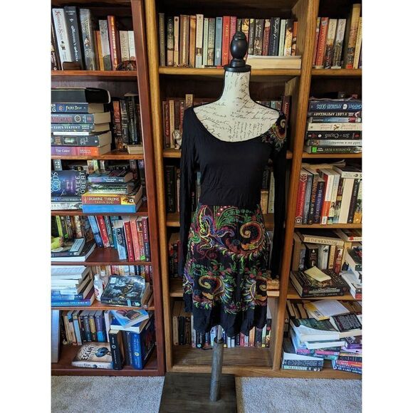 Desigual long sleeve maximalist scoop neck skater dress ruffled hem sz large euc - Picture 1 of 6
